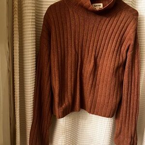 Brown Cowl Neck Cropped Sweater
